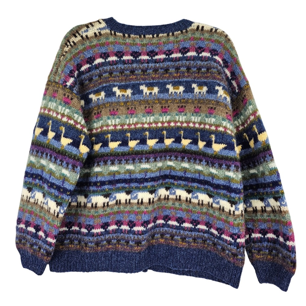 Vintage LL Bean Sheep Geese Horse Wool Cardigan Sweater Women's Large Blue - Picture 8 of 9